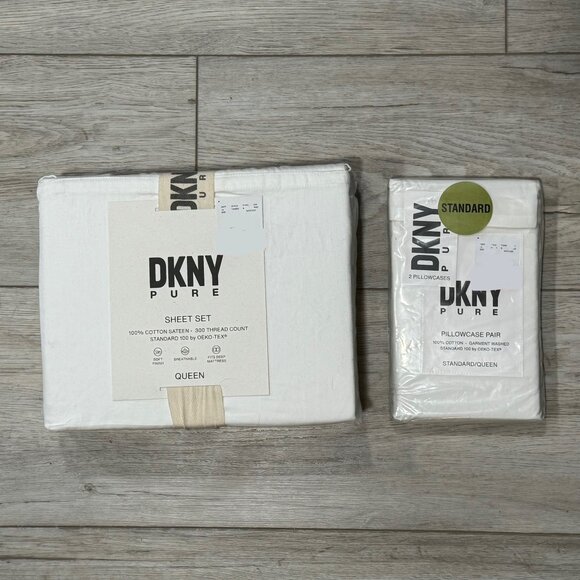 6 Pc DKNY Pure Queen Cotton White Sheets Sheet Set Fitted, Flat, 4 Pillowcases - Picture 1 of 8